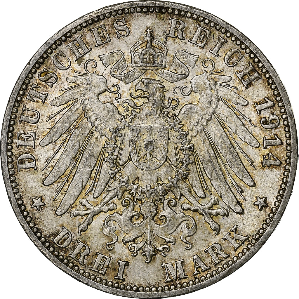 German States, WURTTEMBERG, Wilhelm II, 3 Mark, 1914, Freudenstadt, Silver