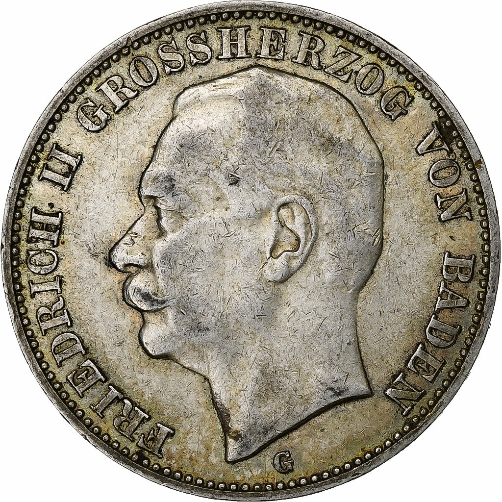 Duitse staten, BADEN, Friedrich II, 3 Mark, 1912, Karlsruhe, Zilver, ZF, KM:280
