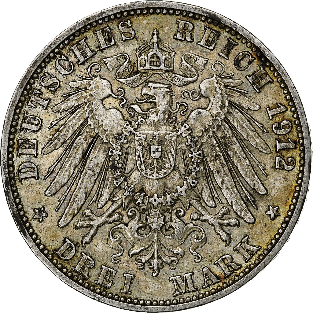 Duitse staten, BADEN, Friedrich II, 3 Mark, 1912, Karlsruhe, Zilver, ZF, KM:280