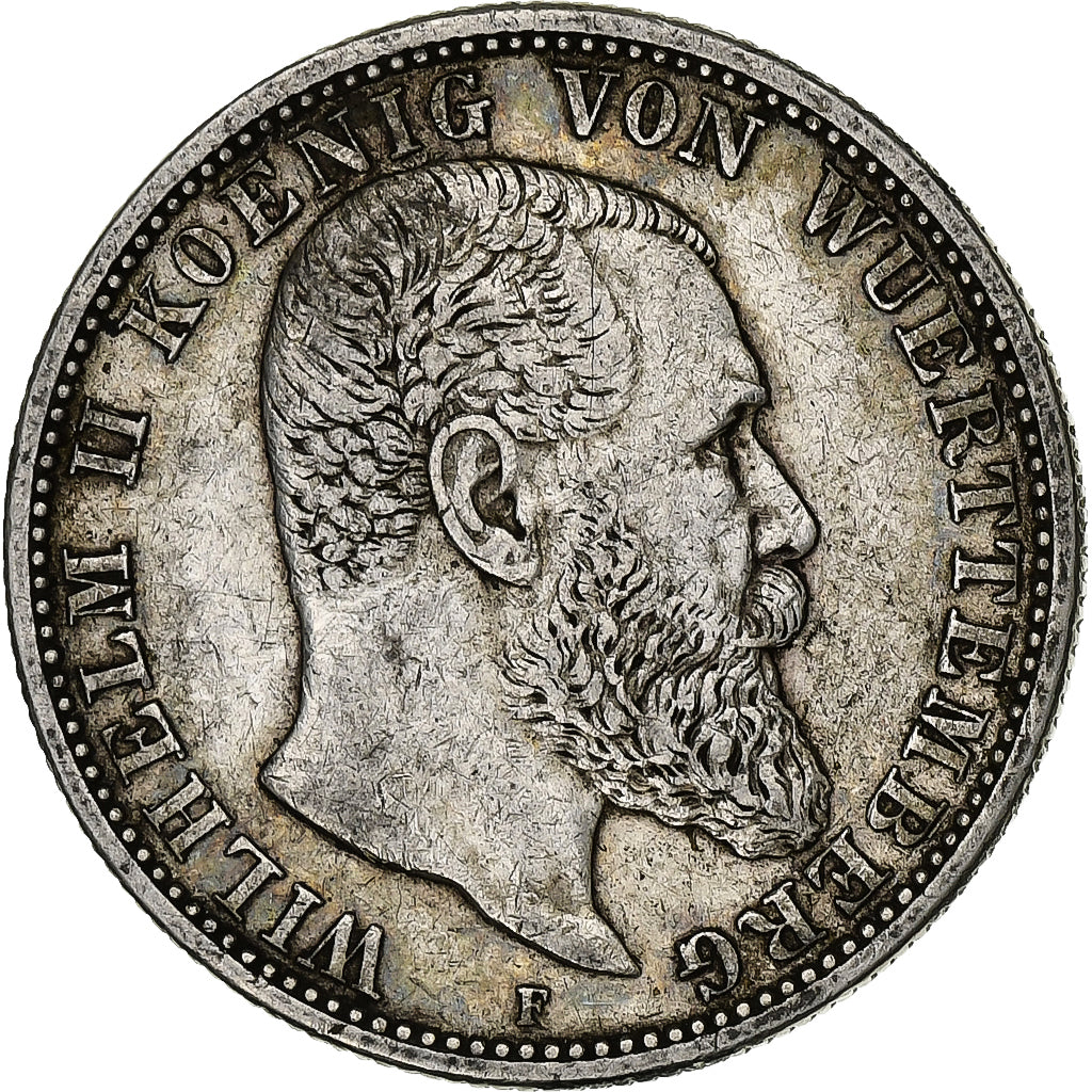 German States, WURTTEMBERG, Wilhelm II, 2 Mark, 1907, Freudenstadt, Silver