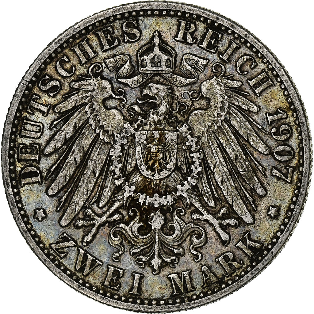 German States, WURTTEMBERG, Wilhelm II, 2 Mark, 1907, Freudenstadt, Silver