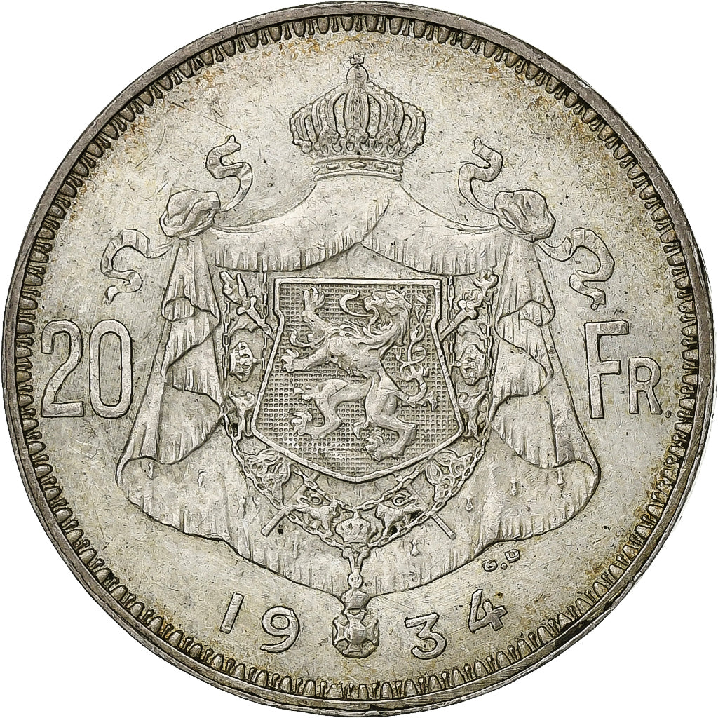 Belgium, Albert I, 20 Francs, 20 Frank, 1934, Silver, AU(50-53), KM:103.1