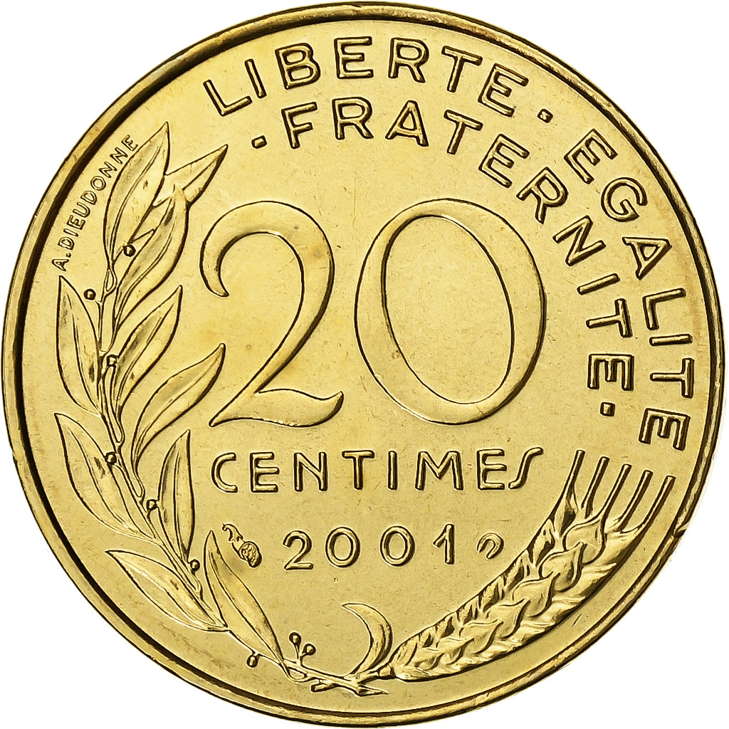 Frankrijk, 20 Centimes, Marianne, 2001, Paris, BU, Aluminum-Bronze, FDC