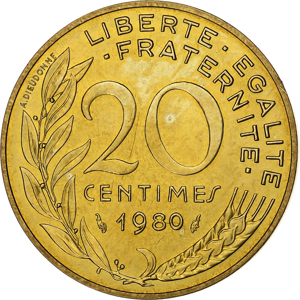 France, 20 Centimes, Marianne, 1980, Paris, Aluminum-Bronze, MS(65-70)