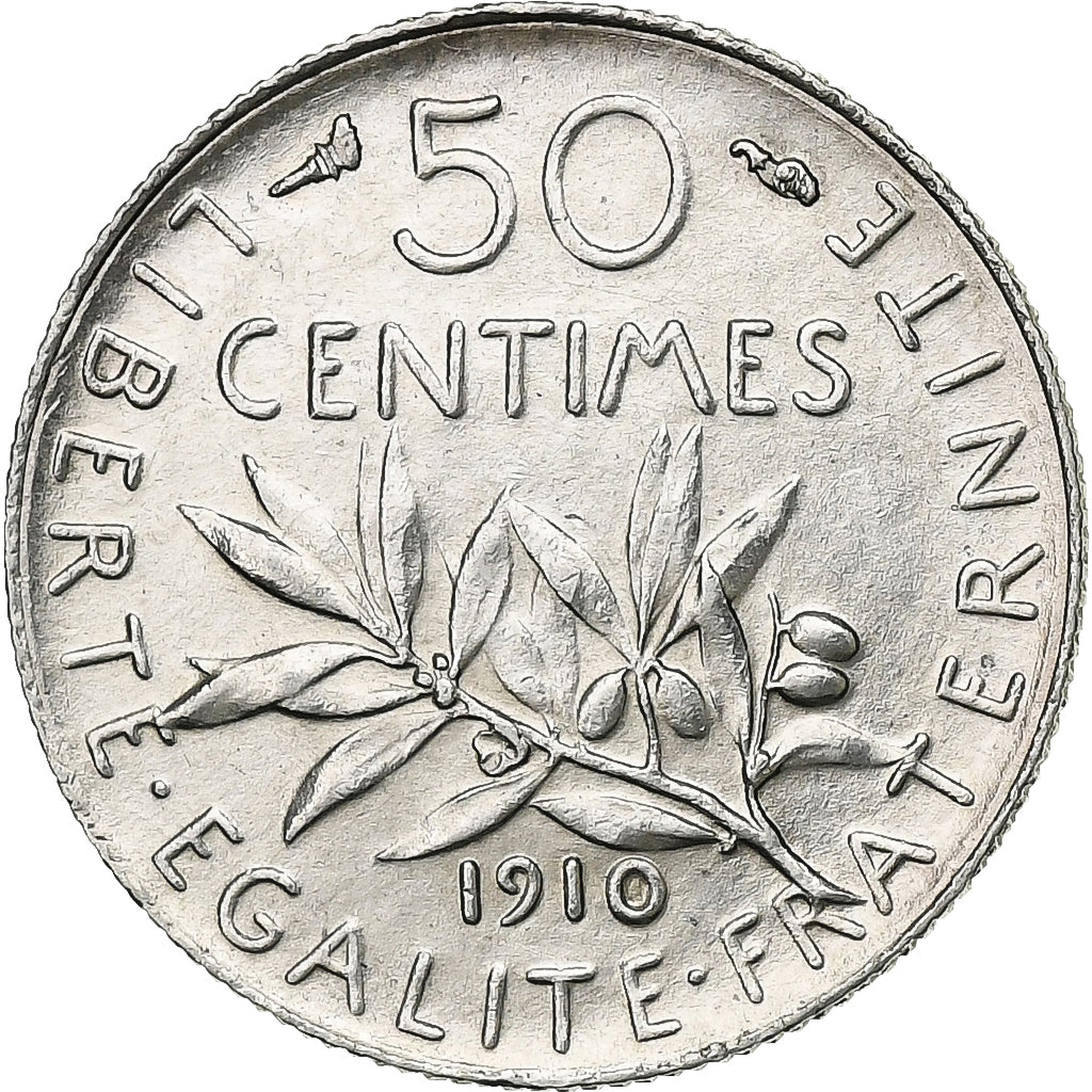 France, 50 Centimes, Semeuse, 1910, Paris, Silver, AU(50-53), Gadoury:420