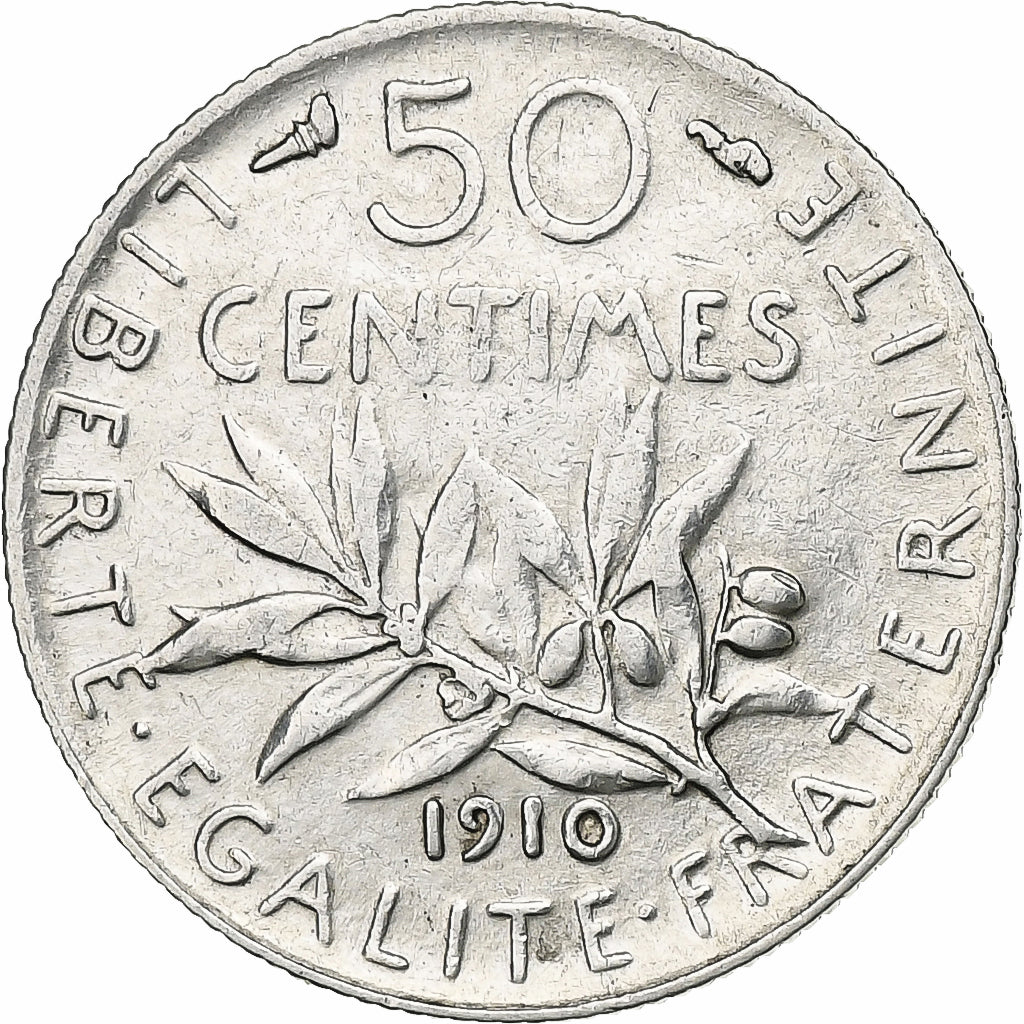 France, 50 Centimes, Semeuse, 1910, Paris, Silver, AU(50-53), Gadoury:420