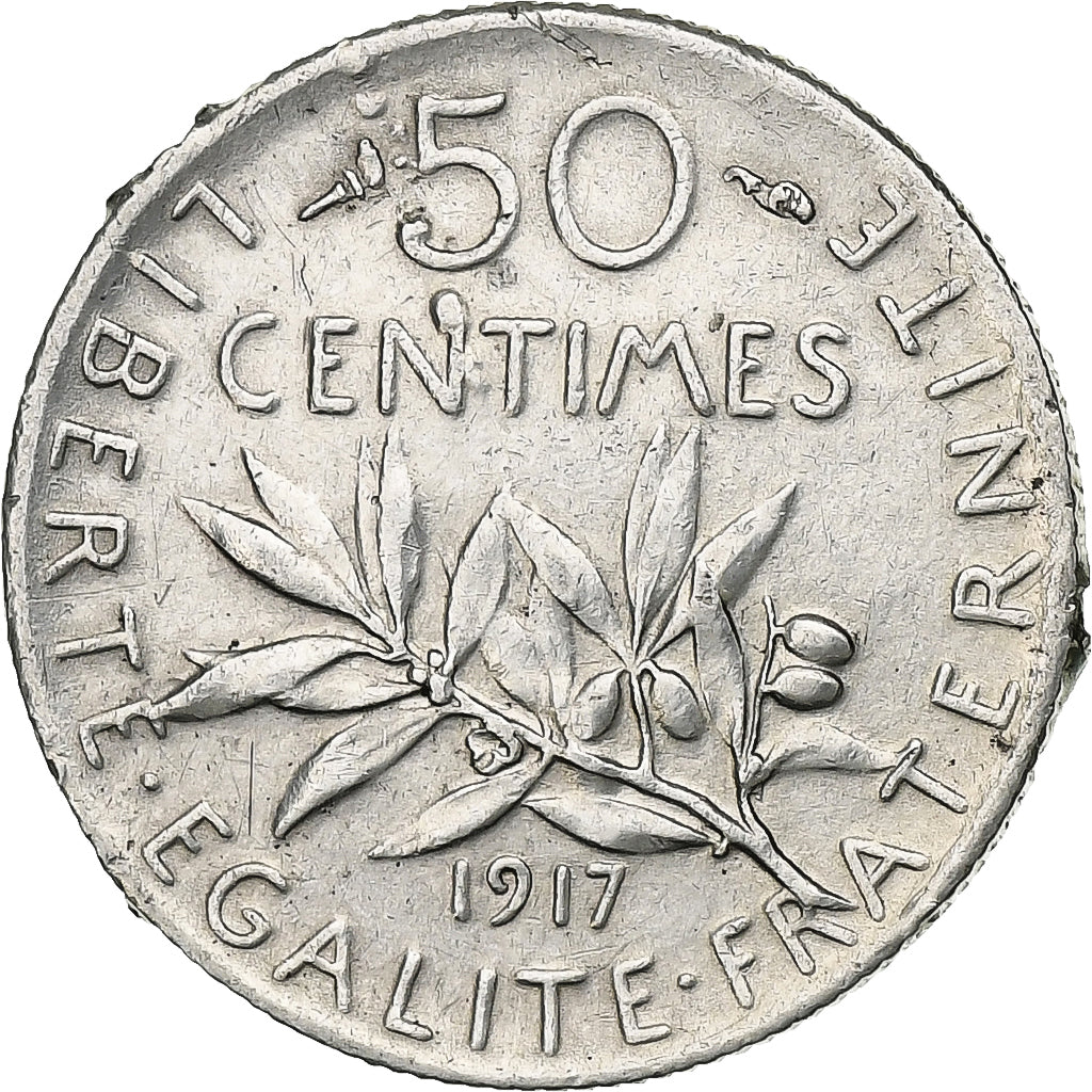 France, 50 Centimes, Semeuse, 1917, Paris, Silver, AU(50-53), Gadoury:420