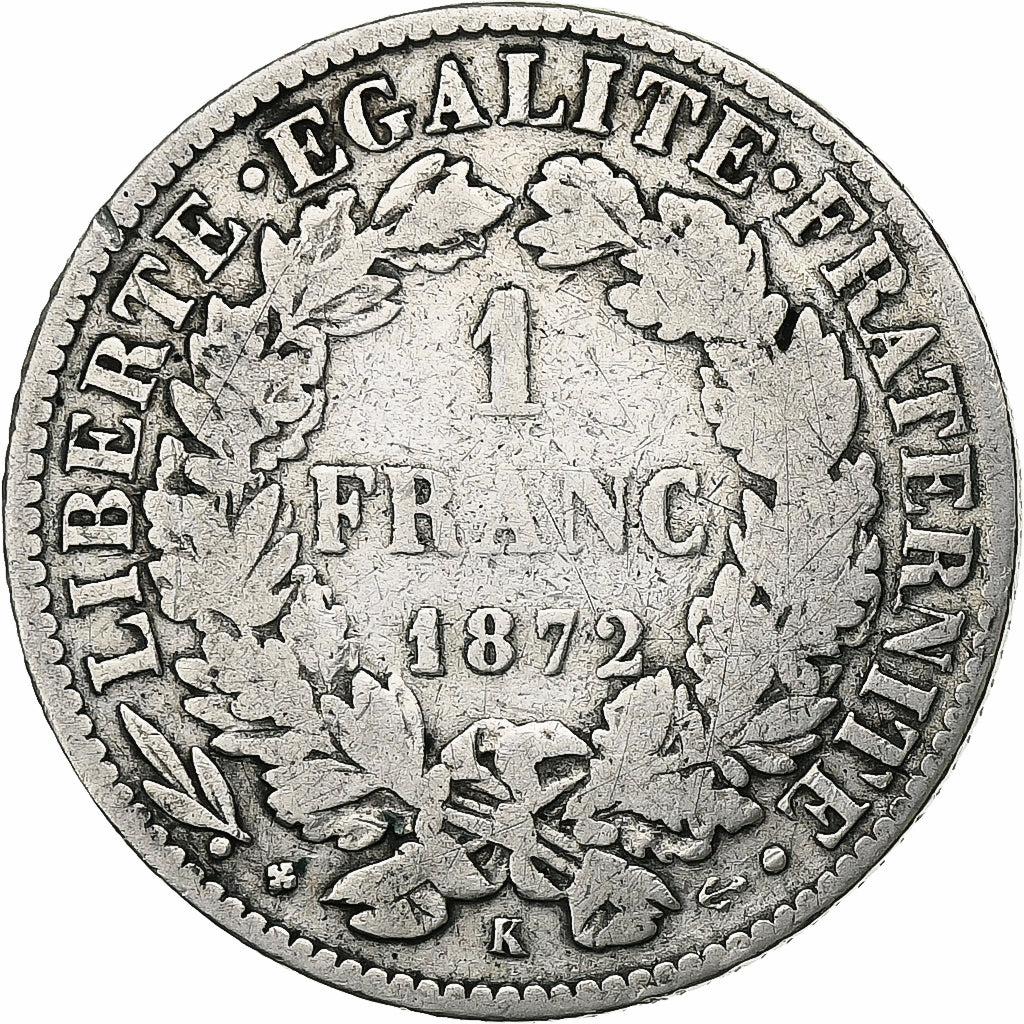 Francia, Franc, Cérès, 1872, Bordeaux, Plata, BC, Gadoury:465a, KM:822.2