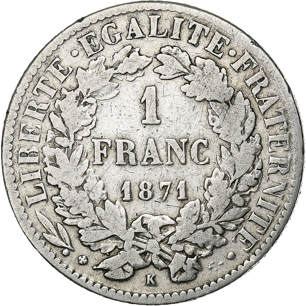 France, Franc, Cérès, 1871, Bordeaux, Argent, TB, Gadoury:465, KM:822.2