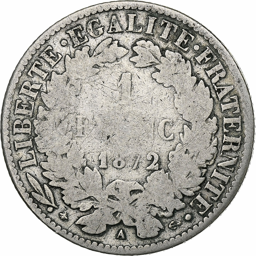 France, Franc, Cérès, 1872, Paris, Silver, F(12-15), Gadoury:465a, KM:822.1