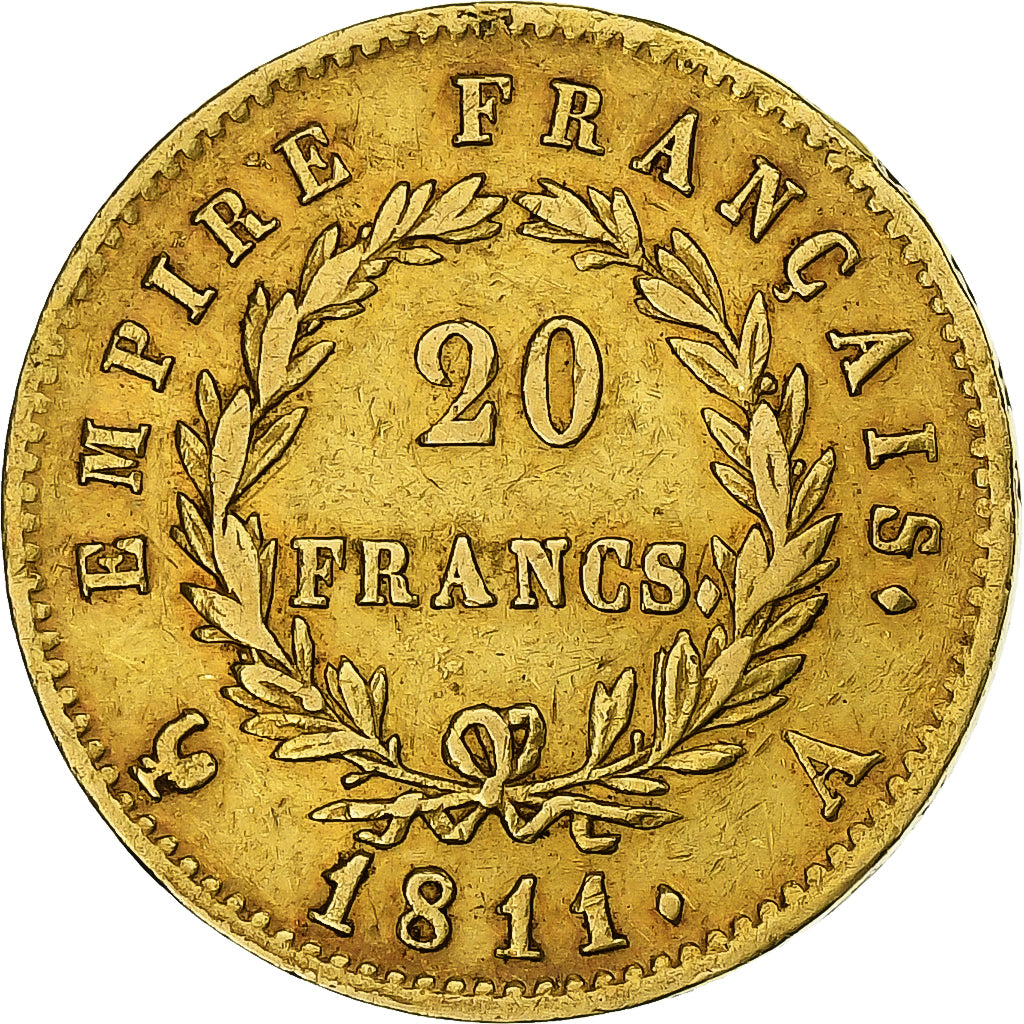 França, Napoleon I, 20 Francs, 1811, Paris, Dourado, EF(40-45), Gadoury:1025