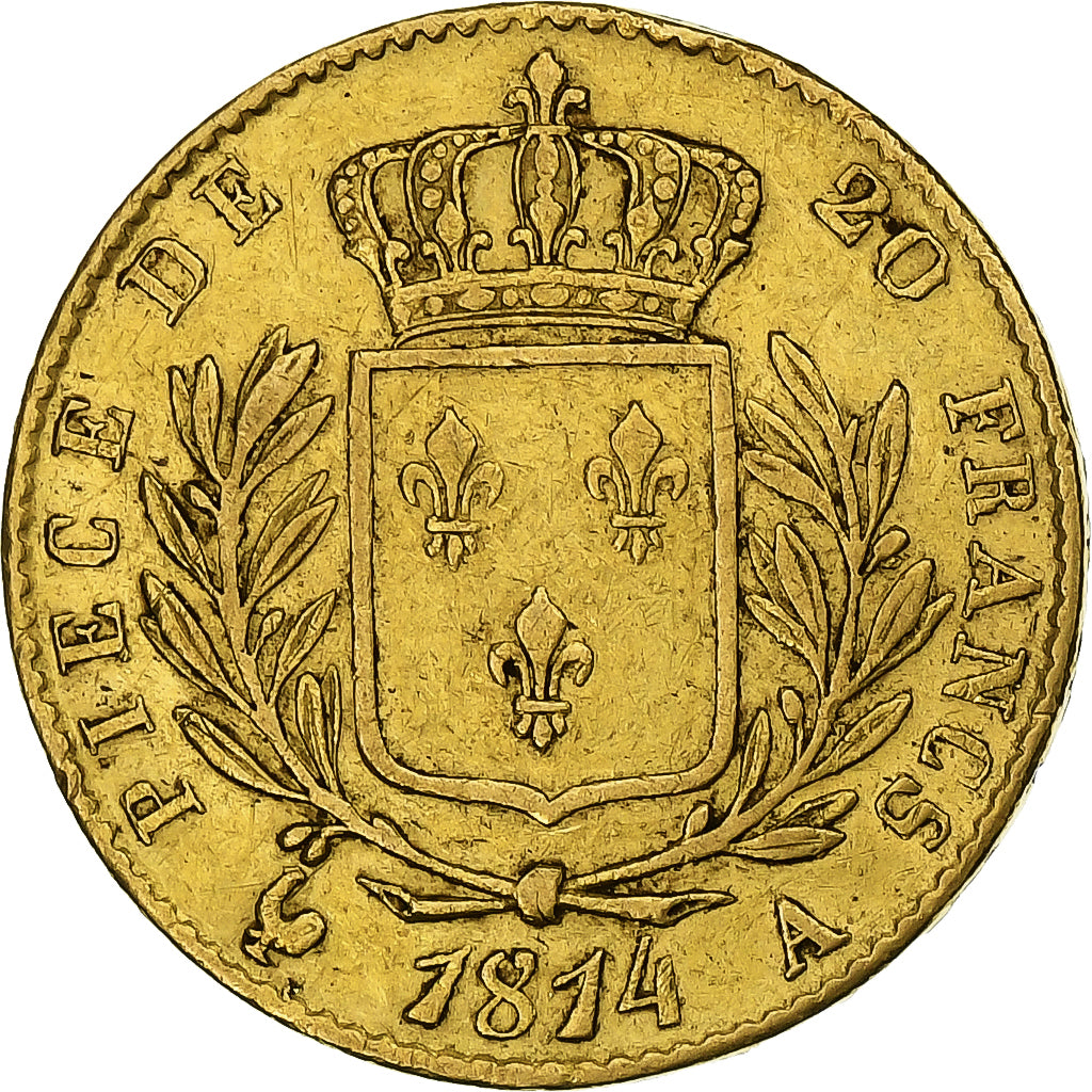 France, Louis XVIII, 20 Francs, 1814, Paris, Gold, AU(50-53), Gadoury:1026