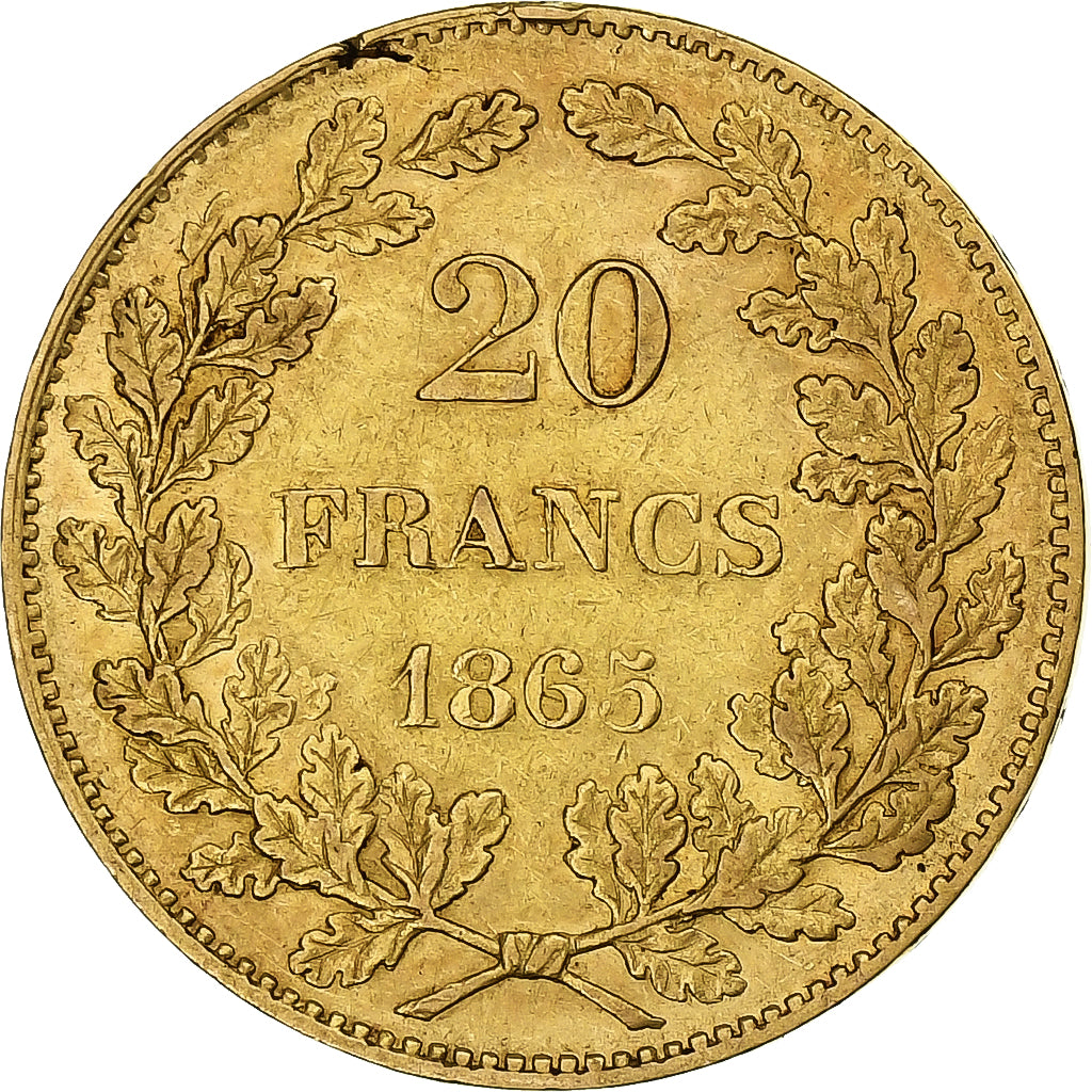 Belgio, Leopold I, 20 Francs, 20 Frank, 1865, Oro, BB+, KM:23