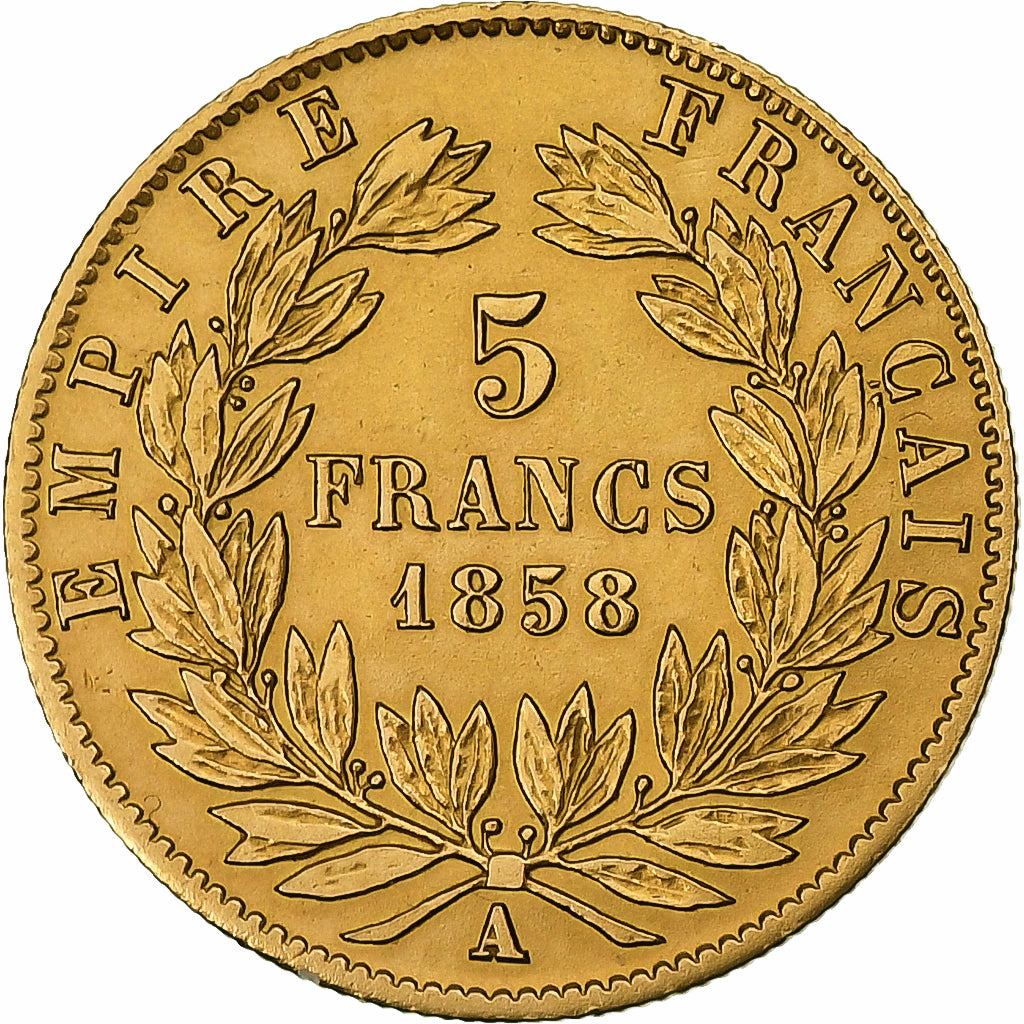 Francia, Napoleon III, 5 Francs, 1858, Paris, Oro, MBC, Gadoury:1001, KM:787.1