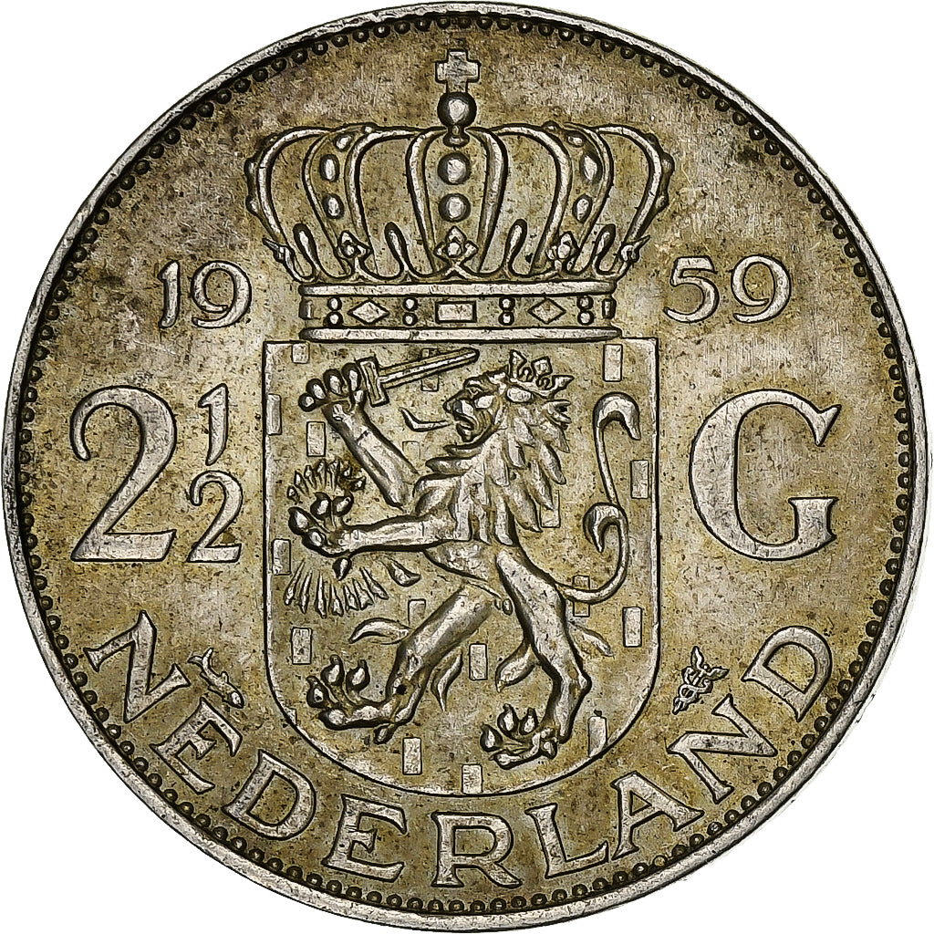 Netherlands, Juliana, 2-1/2 Gulden, 1959, Silver, AU(50-53), KM:185
