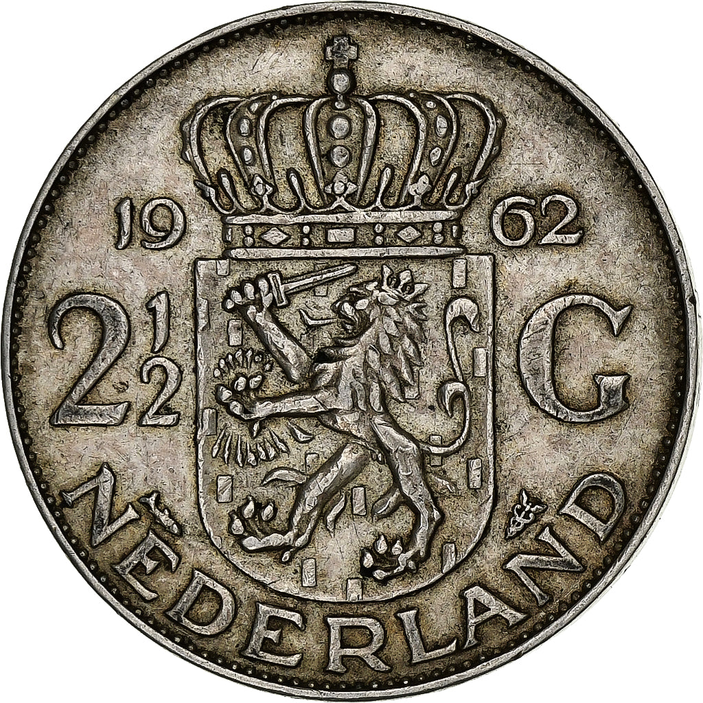 Países Baixos, Juliana, 2-1/2 Gulden, 1962, Prata, AU(50-53), KM:185