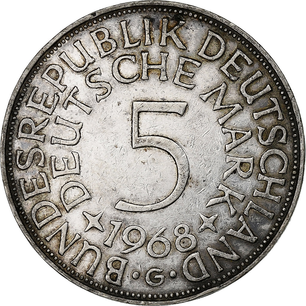 GERMANY - FEDERAL REPUBLIC, 5 Mark, 1968, Karlsruhe, Silver, AU(50-53), KM:112.1