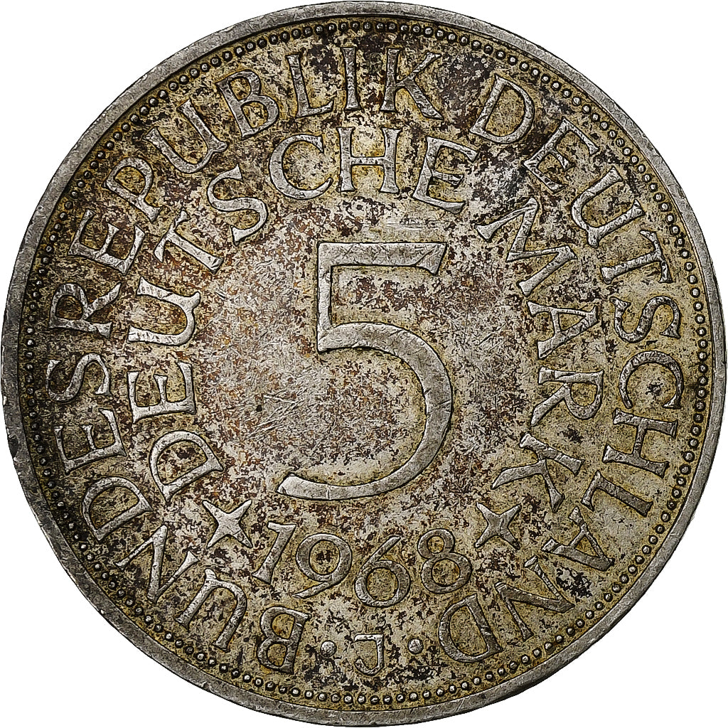 GERMANY - FEDERAL REPUBLIC, 5 Mark, 1968, Hamburg, Silver, EF(40-45), KM:112.1