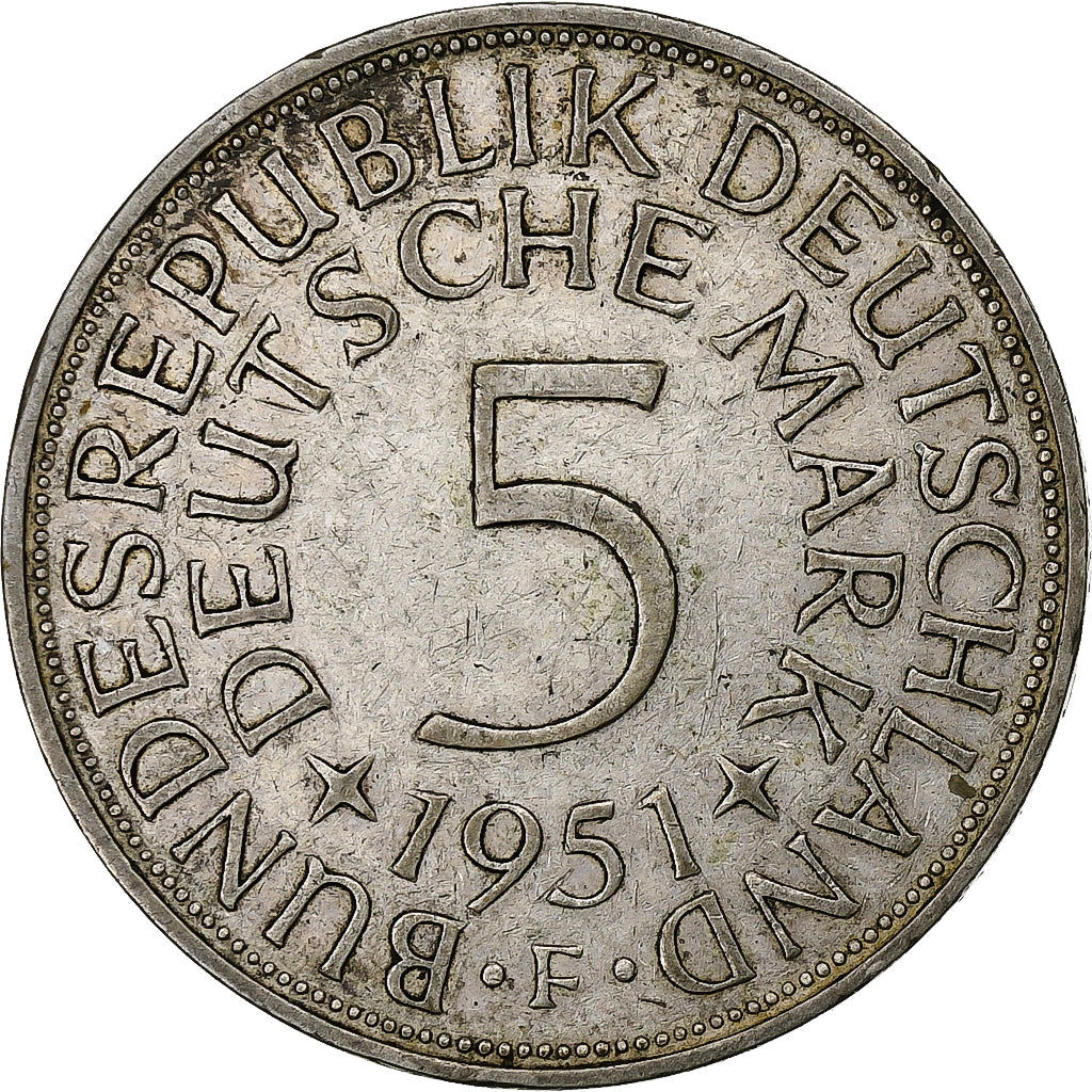 GERMANY - FEDERAL REPUBLIC, 5 Mark, 1951, Stuttgart, Silver, EF(40-45), KM:112.1