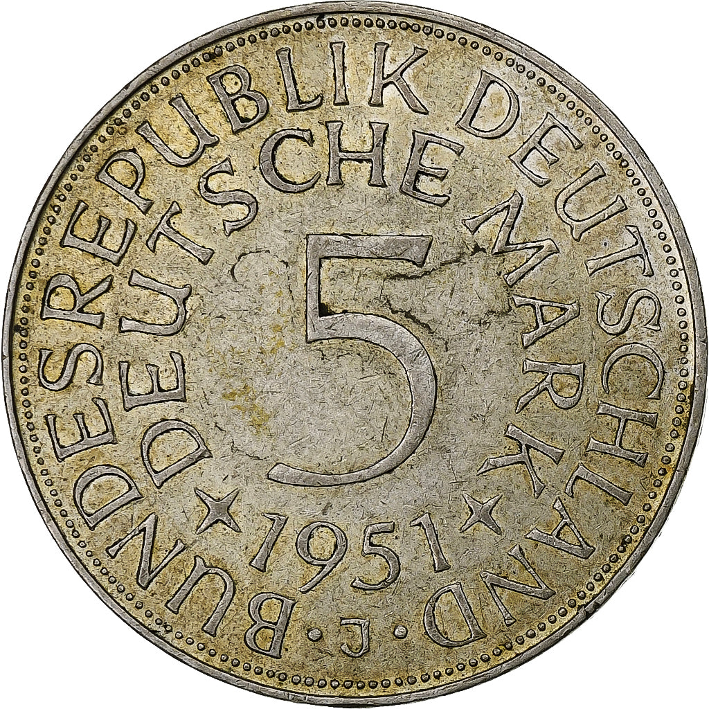 Federale Duitse Republiek, 5 Mark, 1951, Hamburg, Zilver, ZF+, KM:112.1