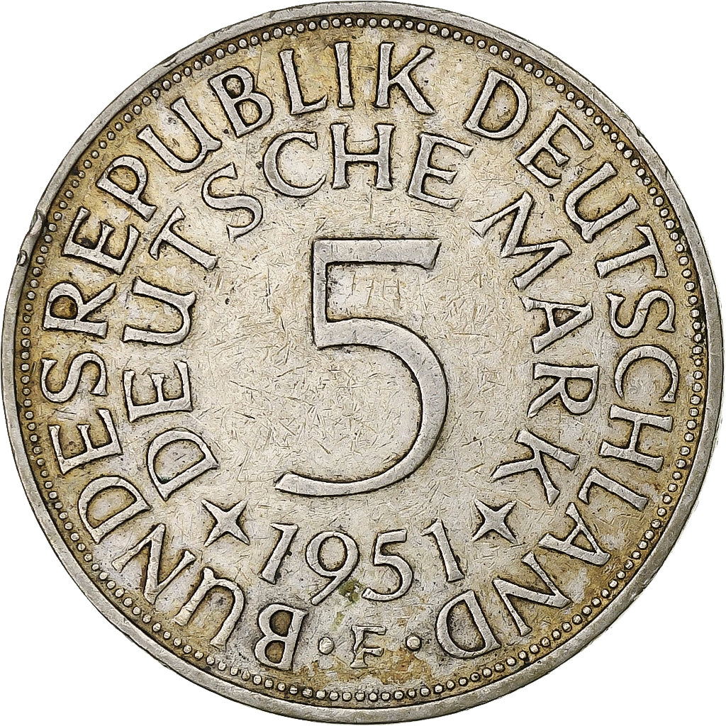 GERMANY - FEDERAL REPUBLIC, 5 Mark, 1951, Stuttgart, Silver, AU(50-53), KM:112.1