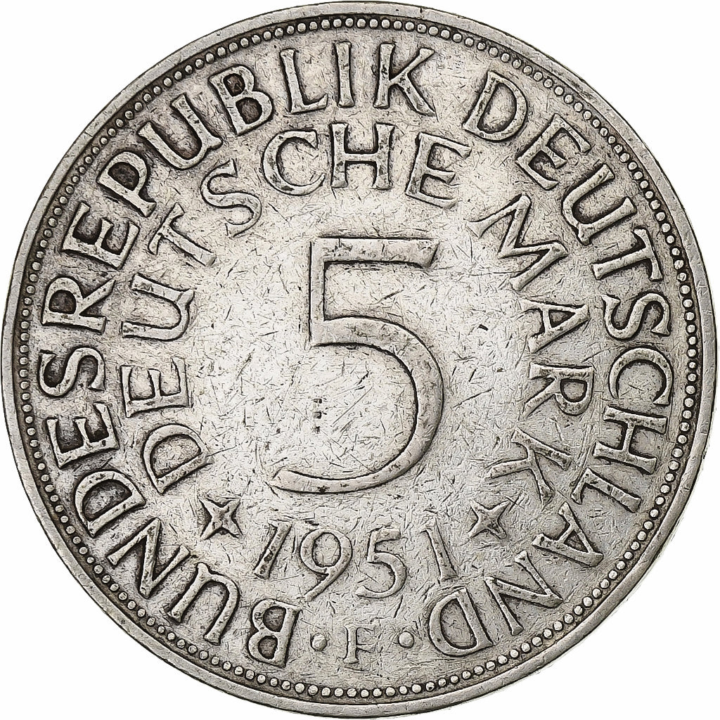 Federale Duitse Republiek, 5 Mark, 1951, Stuttgart, Zilver, ZF, KM:112.1