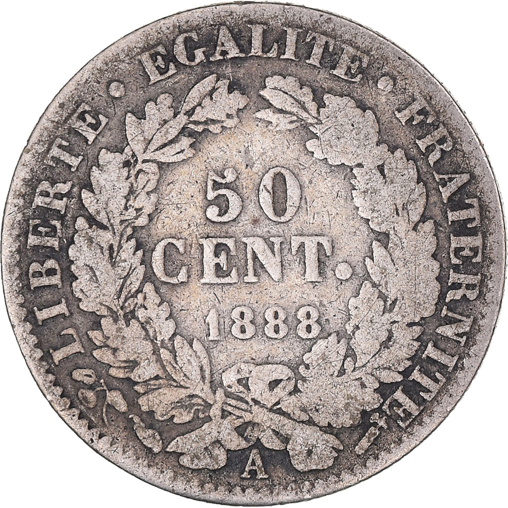 Moneta, Francia, Cérès, 50 Centimes, 1888, Paris, MB, Argento, KM:834.1