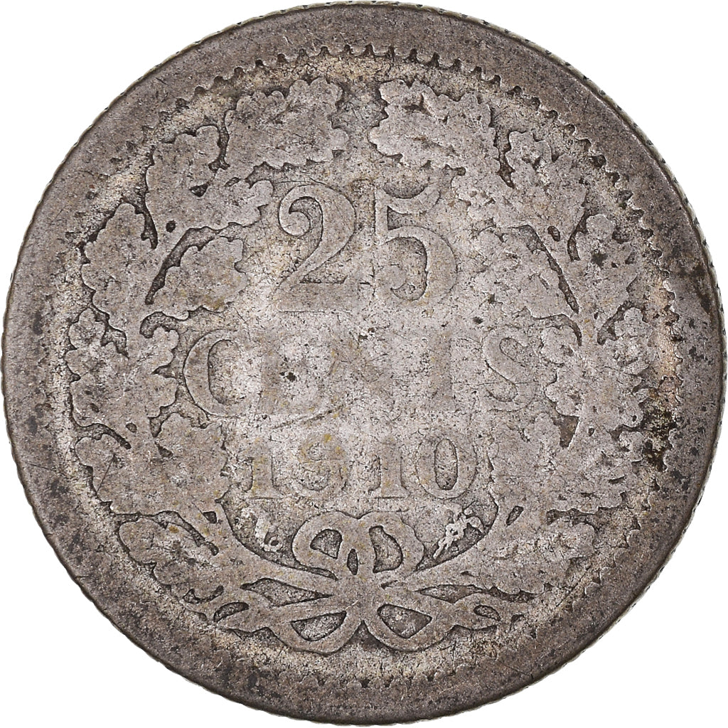 Coin, Netherlands, Wilhelmina I, 25 Cents, 1910, Utrecht, VF(20-25), Silver
