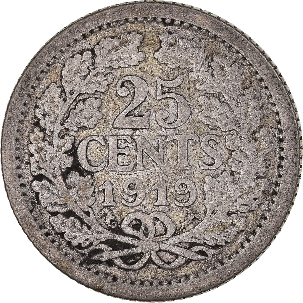 Moneda, Países Bajos, Wilhelmina I, 25 Cents, 1919, Utrecht, BC+, Plata, KM:146