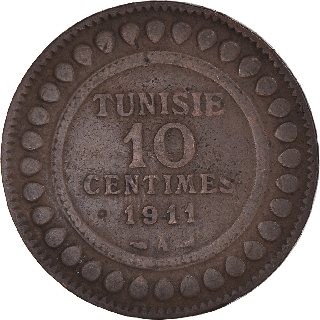Munten, Tunisië, Muhammad al-Nasir Bey, 10 Centimes, 1911/AH1329, Paris, FR+