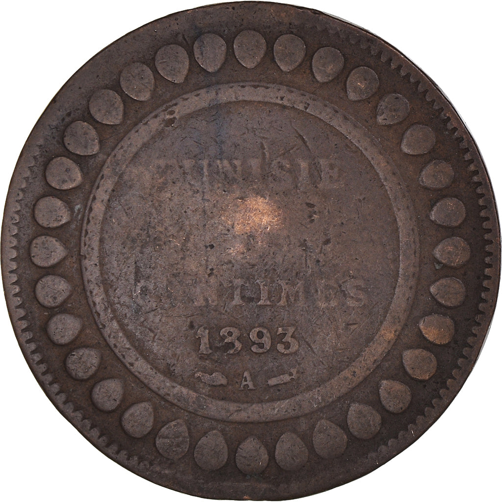 Münze, Tunesien, Ali Bey, 5 Centimes, 1893 (1310 AH), Paris, S, Bronze, KM:221