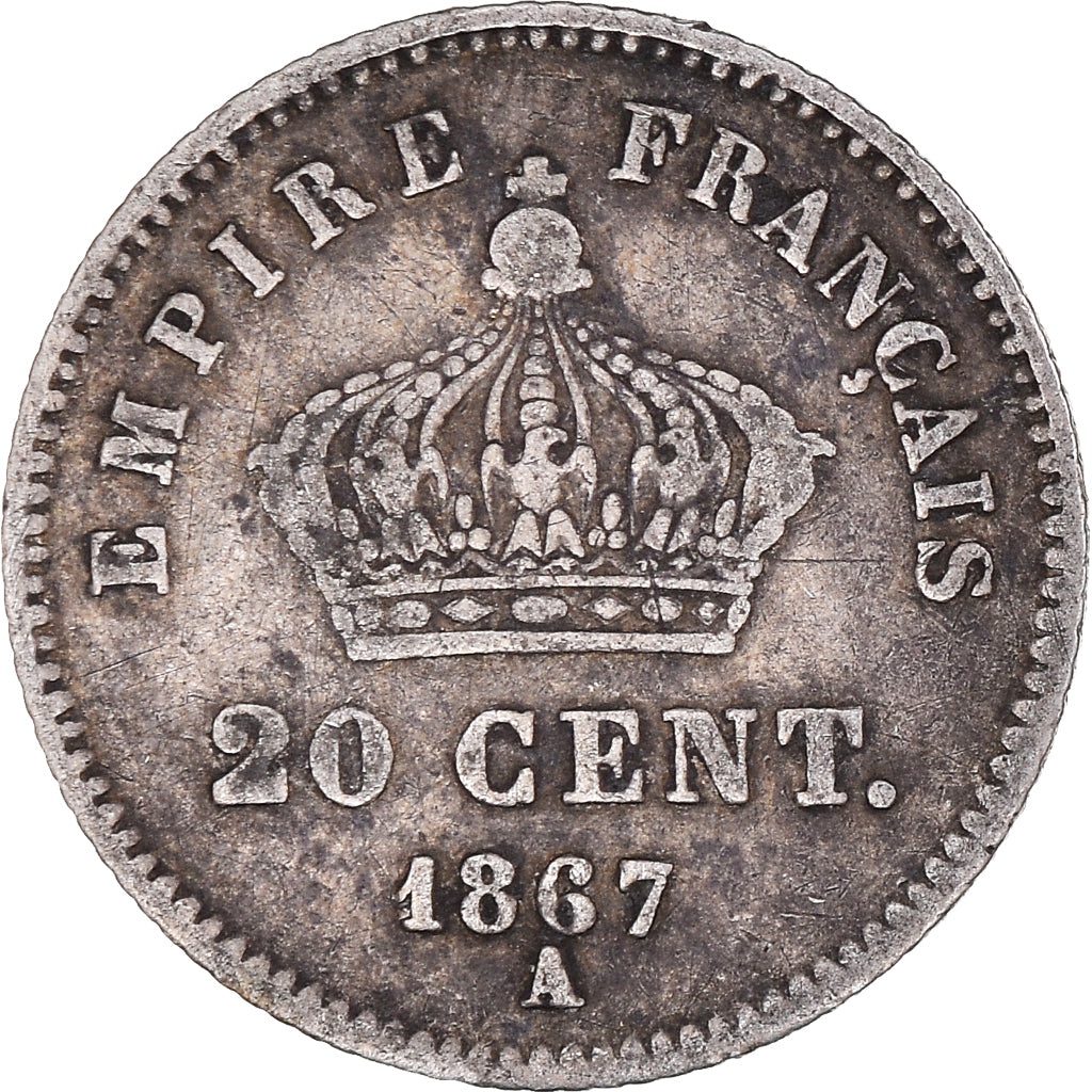 Moneda, Francia, Napoleon III, Napoléon III, 20 Centimes, 1867, Paris, BC+
