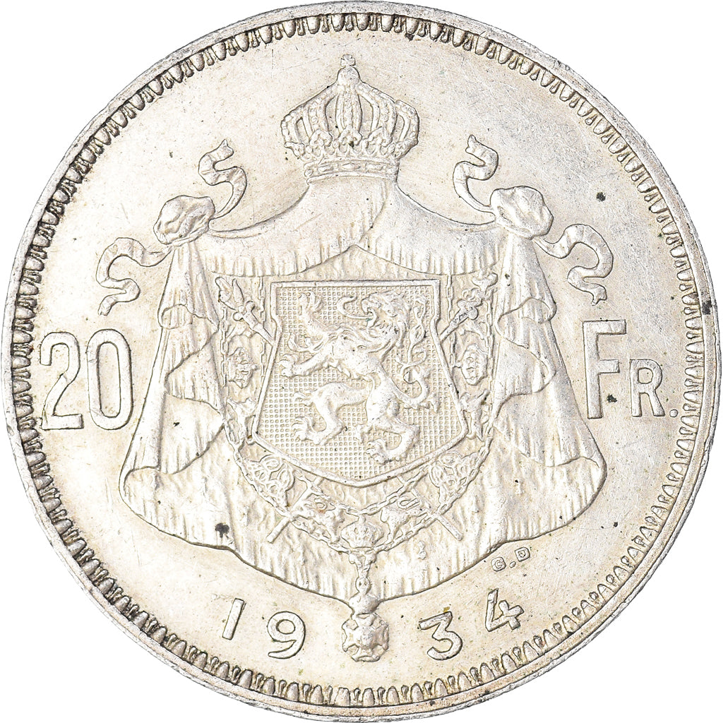 Moeda, Bélgica, Albert I, 20 Francs, 20 Frank, 1934, Brussels, AU(55-58)