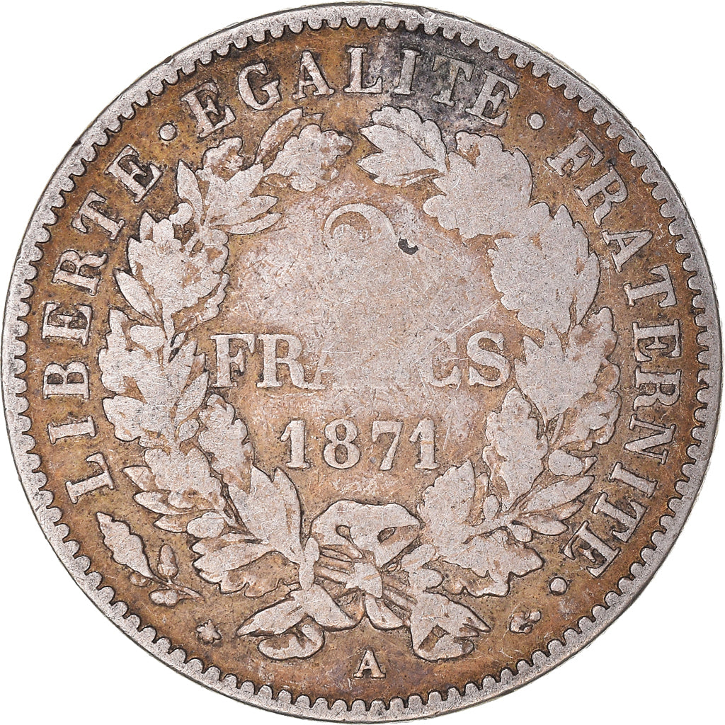 Moneta, Francia, Cérès, 2 Francs, 1871, Paris, MB, Argento, KM:817.1