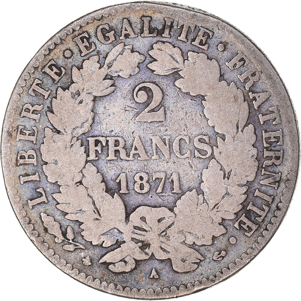Coin, France, Cérès, 2 Francs, 1871, Paris, VF(20-25), Silver, KM:817.1