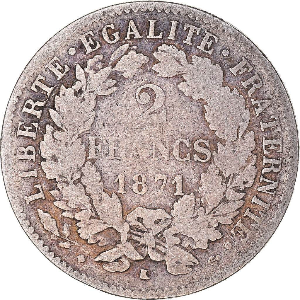 Coin, France, Cérès, 2 Francs, 1871, Bordeaux, VF(20-25), Silver, KM:817.2