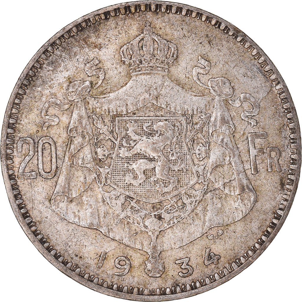 Coin, Belgium, 20 Francs, 20 Frank, 1934, Brussels, VF(30-35), Silver, KM:104.1