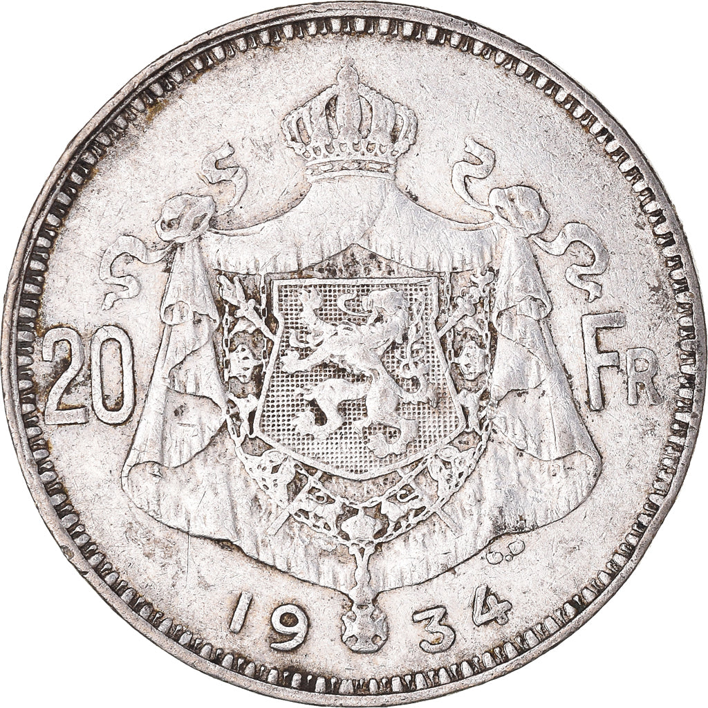 Moneta, Belgio, 20 Francs, 20 Frank, 1934, Brussels, MB+, Argento, KM:103.1