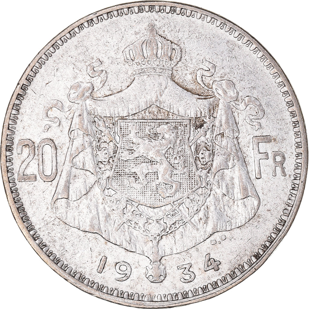 Coin, Belgium, 20 Francs, 20 Frank, 1934, Brussels, VF(30-35), Silver, KM:103.1