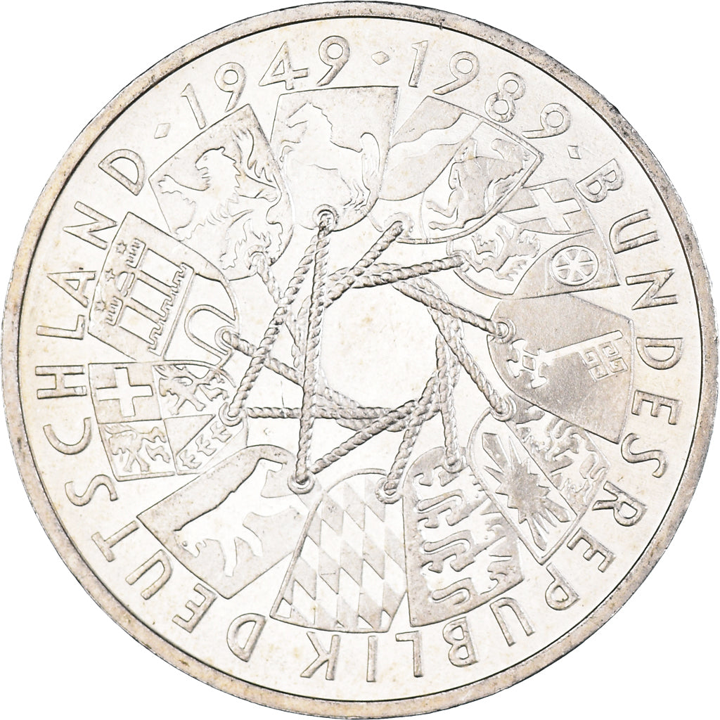 Moneta, Niemcy - RFN, 10 Mark, 1989, Karlsruhe, Germany, MS(60-62), Srebro