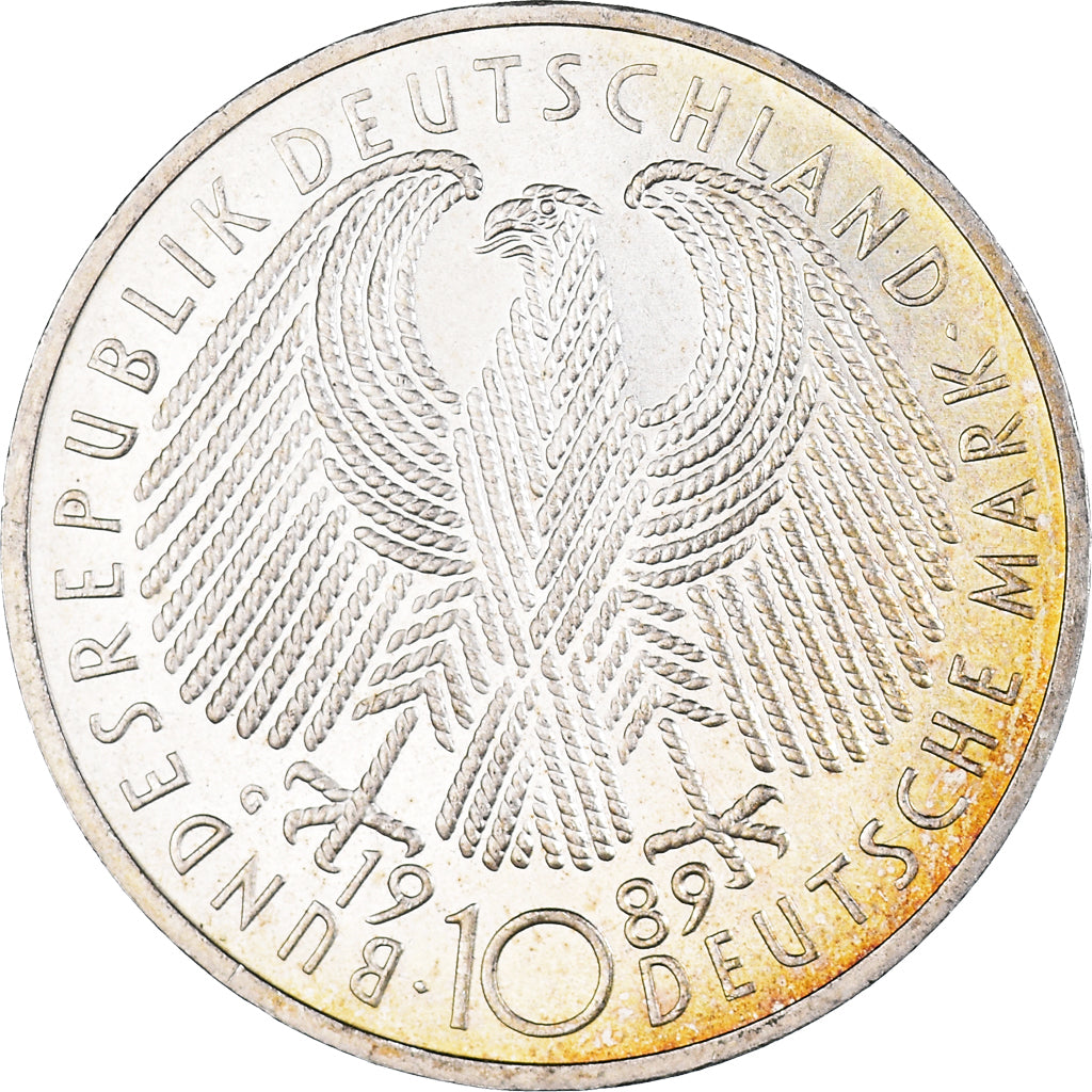 Moneta, Niemcy - RFN, 10 Mark, 1989, Karlsruhe, Germany, MS(60-62), Srebro