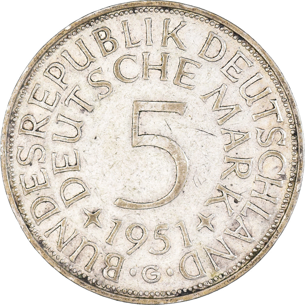Coin, GERMANY - FEDERAL REPUBLIC, 5 Mark, 1951, Karlsruhe, EF(40-45), Silver