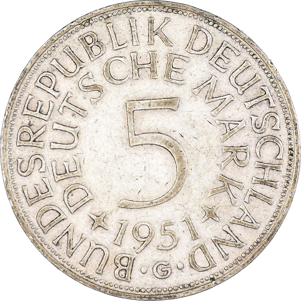 Coin, GERMANY - FEDERAL REPUBLIC, 5 Mark, 1951, Karlsruhe, EF(40-45), Silver