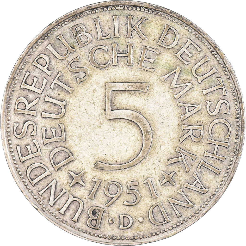 Moeda, ALEMANHA - REPÚBLICA FEDERAL, 5 Mark, 1951, Munich, EF(40-45), Prata