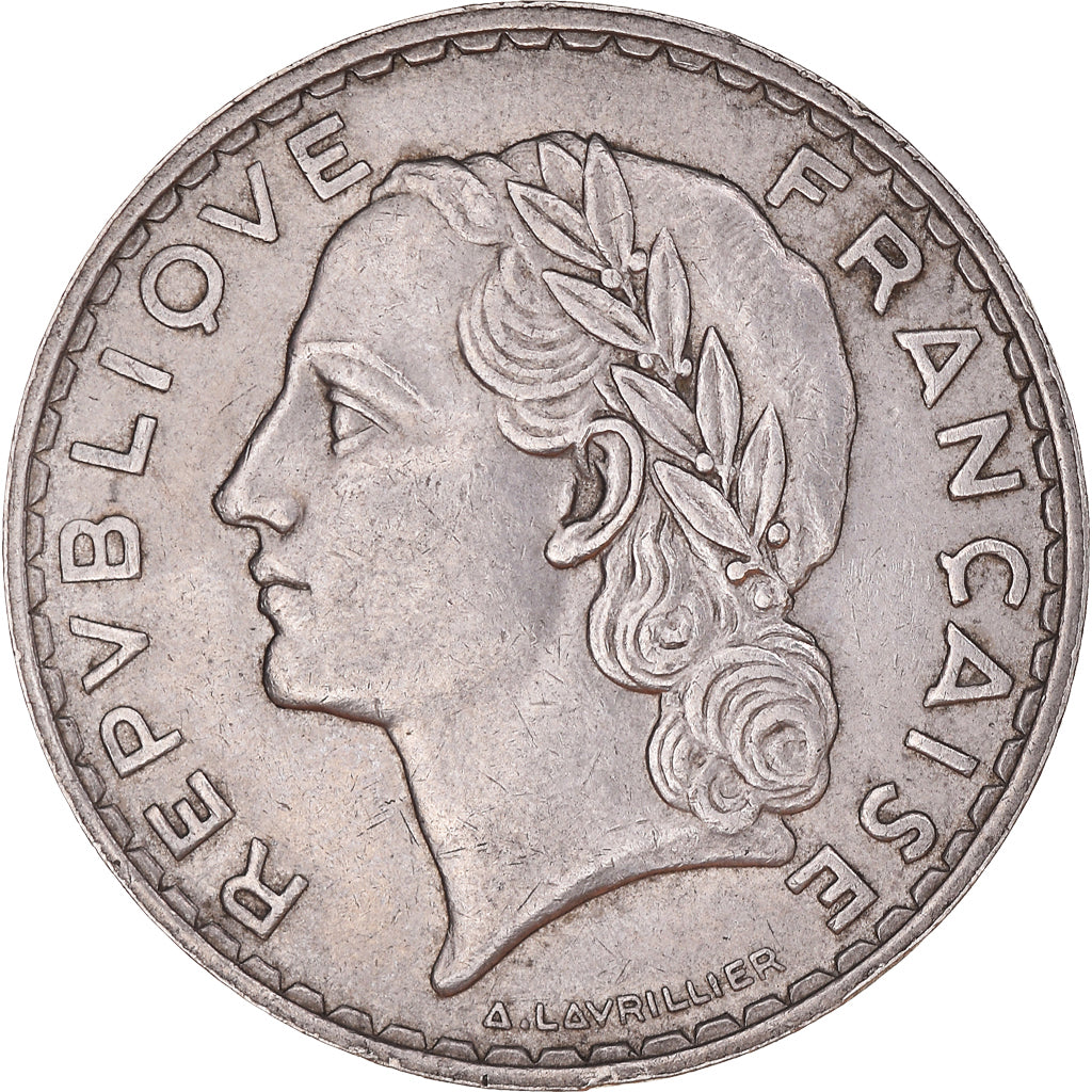 Moneda, Francia, Lavrillier, 5 Francs, 1933, Paris, MBC+, Níquel, KM:888