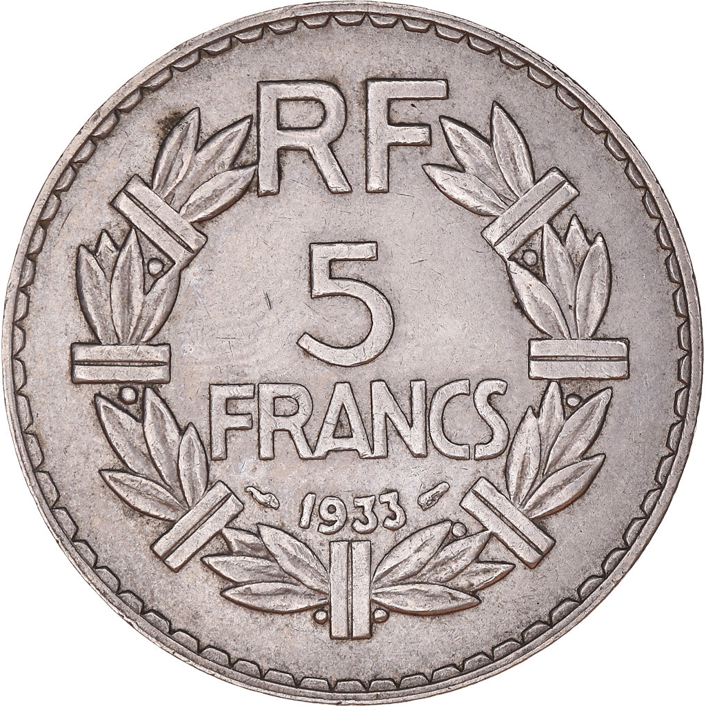 Moneda, Francia, Lavrillier, 5 Francs, 1933, Paris, MBC+, Níquel, KM:888