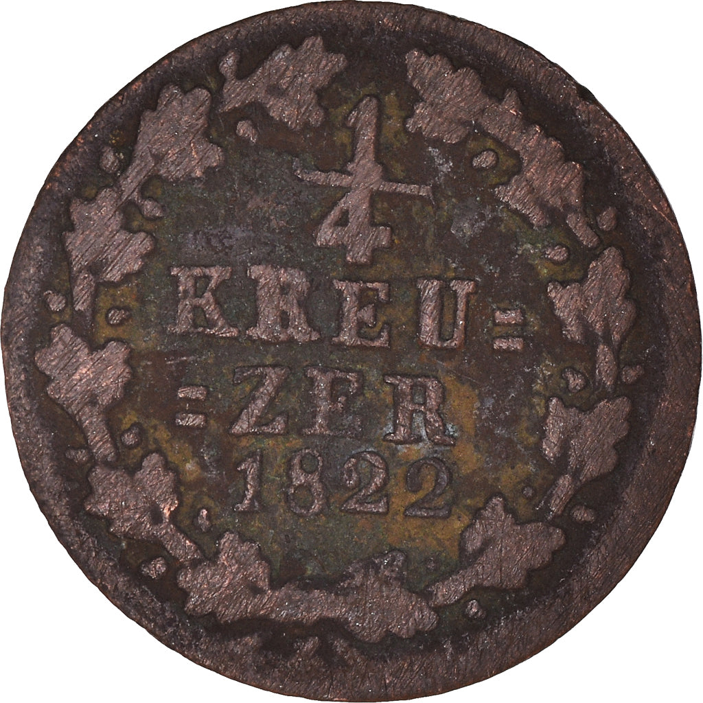 Moeda, Estados Alemães, NASSAU, Wilhelm, 1/4 Kreuzer, 1822, Wiesbaden