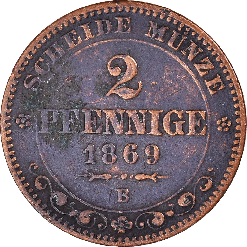 Coin, German States, SAXONY-ALBERTINE, Johann, 2 Pfennig, 1869, EF(40-45)