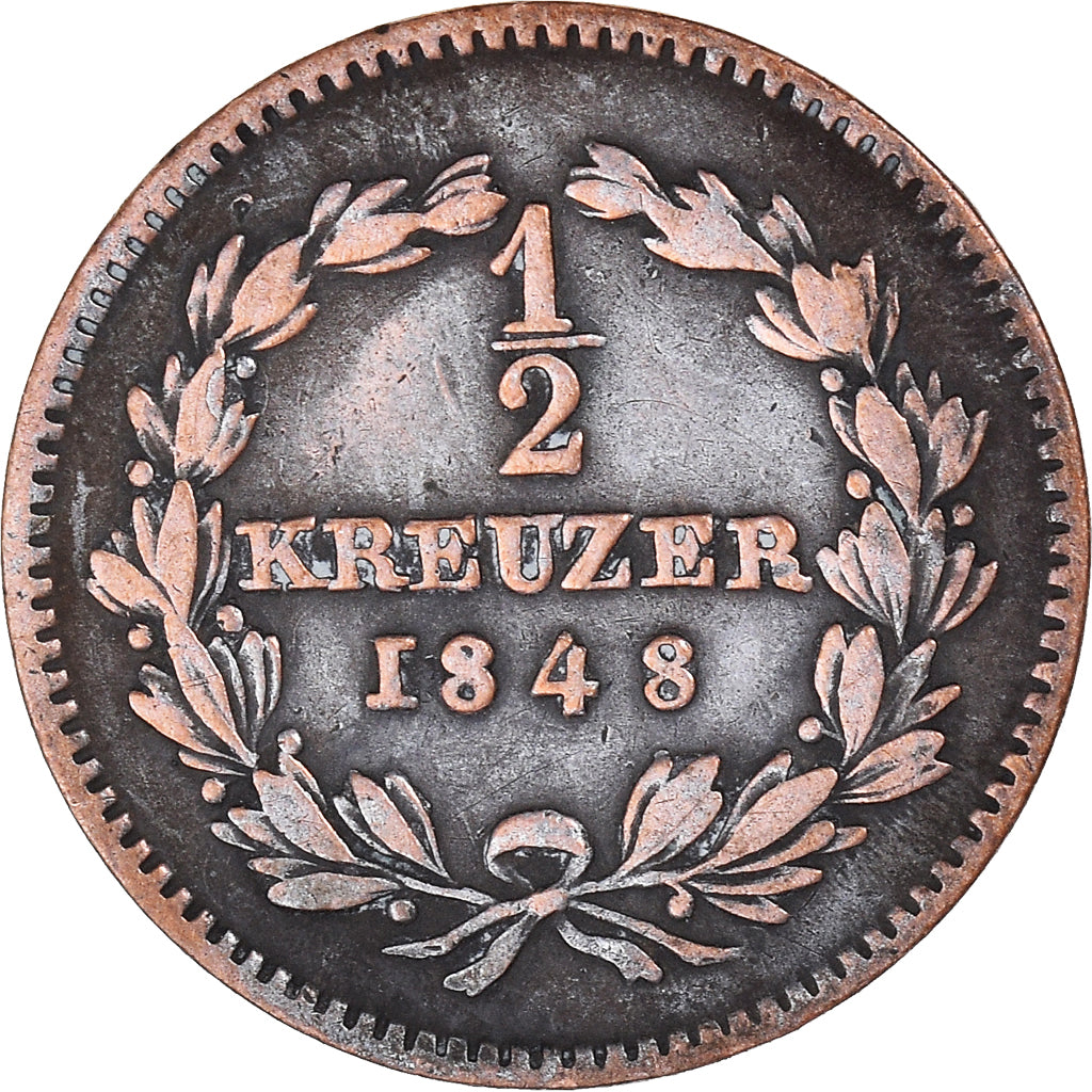 Moneta, Stati tedeschi, BADEN, Leopold I, 1/2 Kreuzer, 1848, MB+, Rame, KM:213