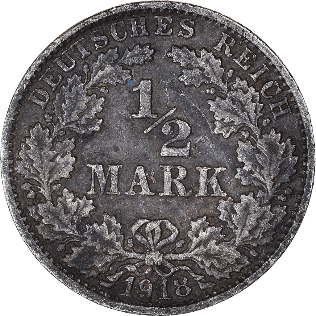 Coin, GERMANY - EMPIRE, 1/2 Mark, 1918, Stuttgart, VF(30-35), Silver, KM:17